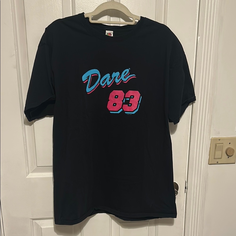 DARE Black Tee with Blue and Pink Print